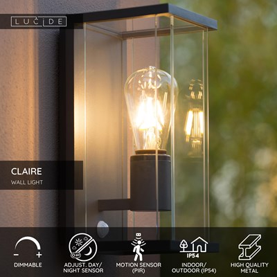 Lucide CLAIRE - Wall light Indoor/Outdoor - 1xE27 - IP54 - Motion & Day/Night Sensor - Anthracite